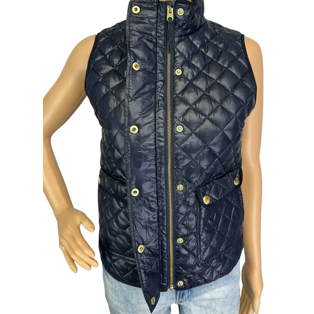 J. Crew Shiny Quilted Field Puffer Down Vest Navy Blue E1014 Petite Size PXS